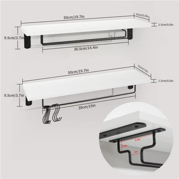 Coffee bar wall shelf set of 2 with hooks floating mug rack wine glass holder - Picture 2 of 7